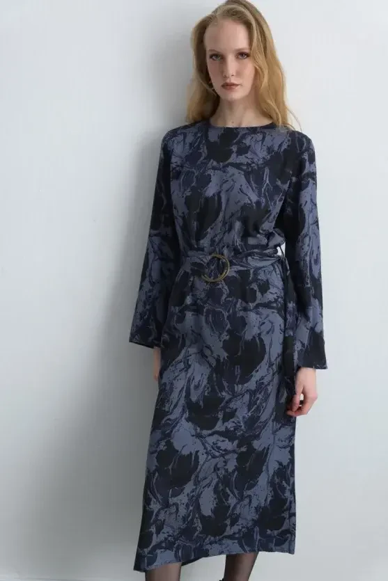 Anka Collection Patterned Viscose Dress - Navy Blue - Gusto