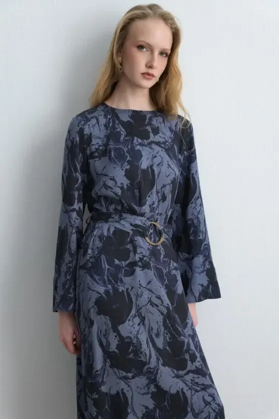 Anka Collection Patterned Viscose Dress - Navy Blue - 3