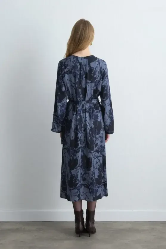 Anka Collection Patterned Viscose Dress - Navy Blue - 6