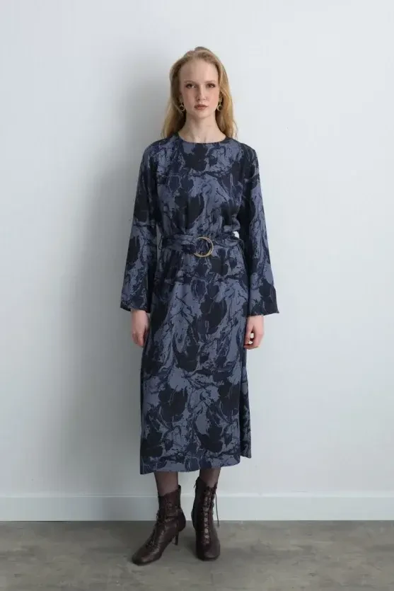 Anka Collection Patterned Viscose Dress - Navy Blue - 1