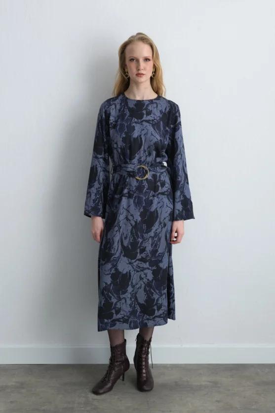 Anka Collection Patterned Viscose Dress Navy Blue - 1