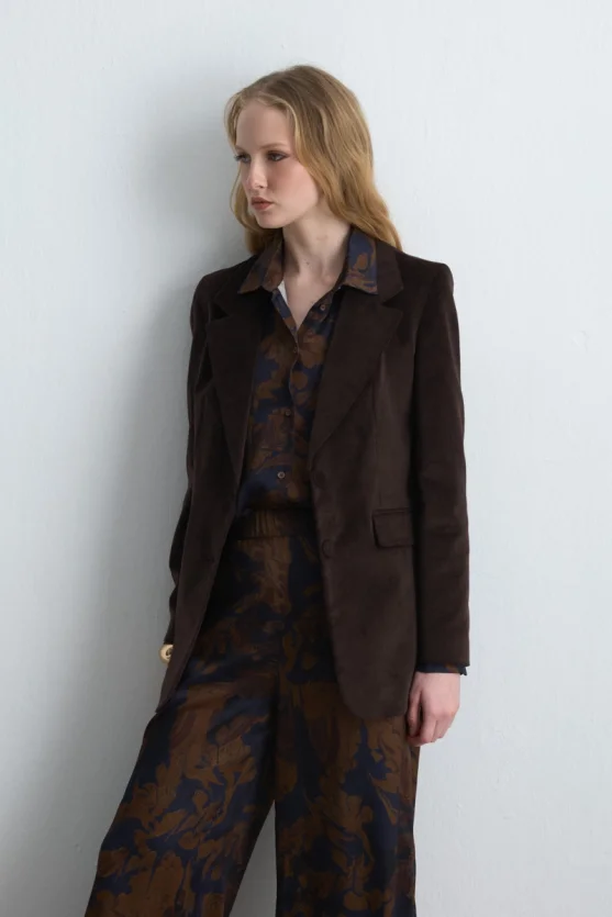 Anka Collection Ribbed Velvet Blazer Jacket - Brown - 6