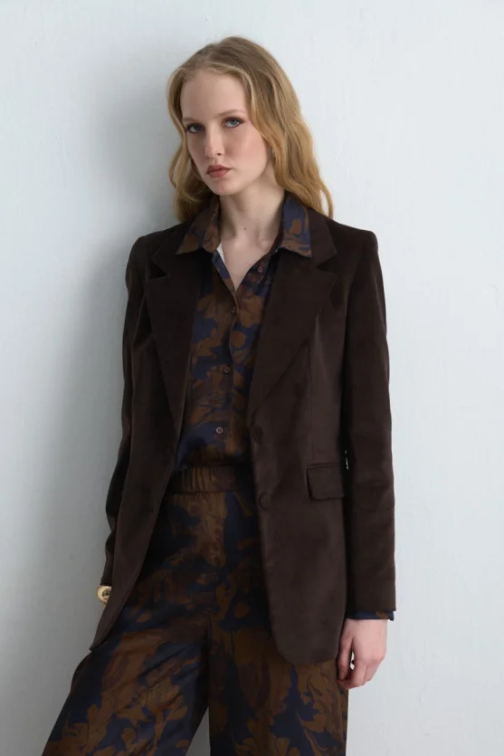 Anka Collection Ribbed Velvet Blazer Jacket - Brown - 7