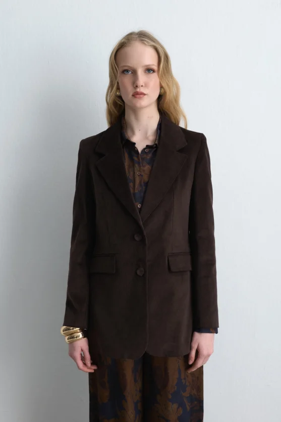 Anka Collection Ribbed Velvet Blazer Jacket - Brown - 4