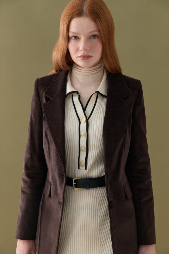 Anka Collection Ribbed Velvet Blazer Jacket - Brown - 3