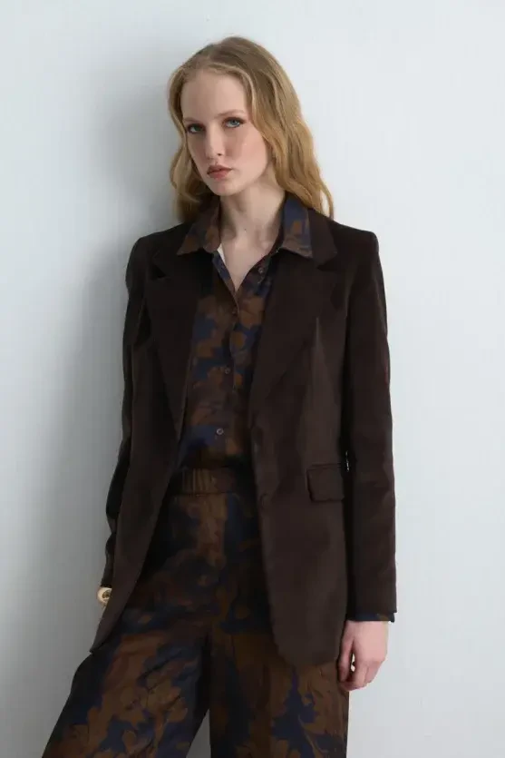 Anka Collection Ribbed Velvet Blazer Jacket - Brown - 7