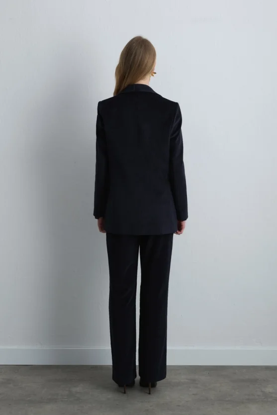 Anka Collection Ribbed Velvet Blazer Jacket Navy Blue - Gusto