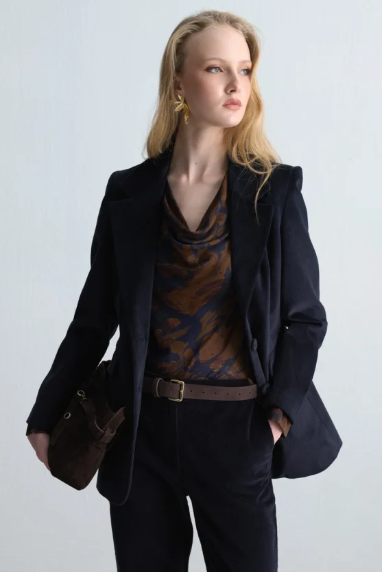 Anka Collection Ribbed Velvet Blazer Jacket Navy Blue - 4
