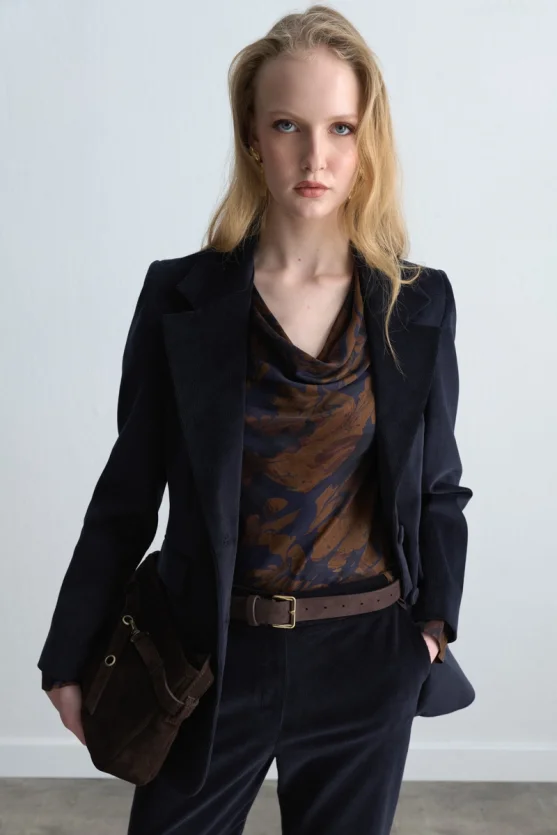 Anka Collection Ribbed Velvet Blazer Jacket Navy Blue - 3