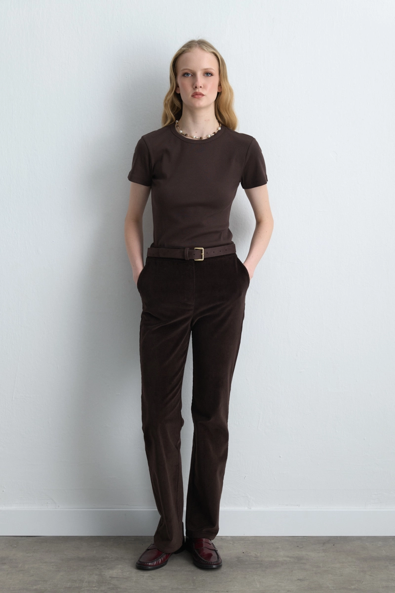 Anka Collection Ribbed Velvet Tapered Pants Brown - 1