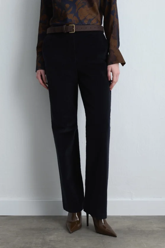 Anka Collection Ribbed Velvet Tapered Pants - Navy Blue - 4