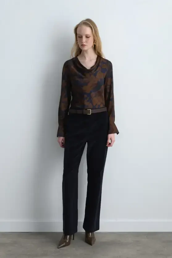 Anka Collection Ribbed Velvet Tapered Pants - Navy Blue - Gusto