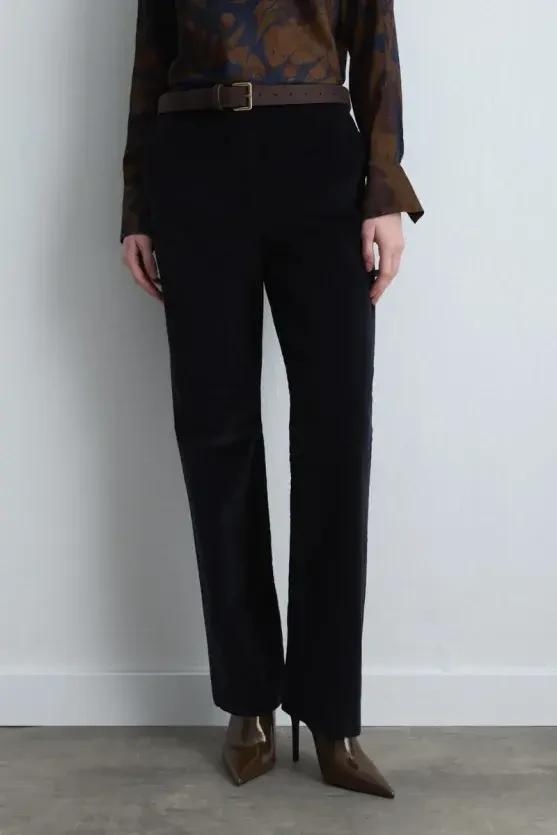 Anka Collection Ribbed Velvet Tapered Pants - Navy Blue - Gusto