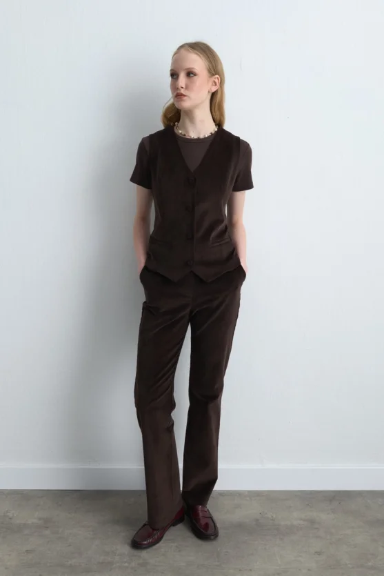 Anka Collection Ribbed Velvet Vest Brown - Gusto