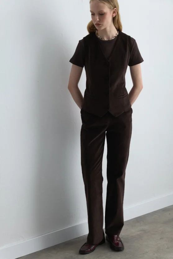 Anka Collection Ribbed Velvet Vest Brown - 3