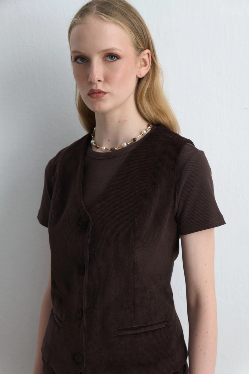 Anka Collection Ribbed Velvet Vest Brown - 1