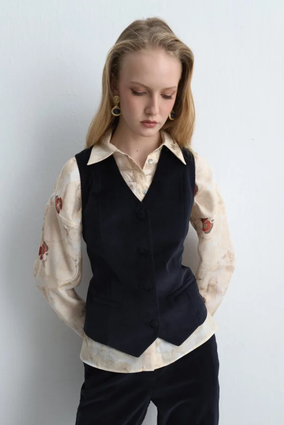 Anka Collection Ribbed Velvet Vest Navy Blue - 4