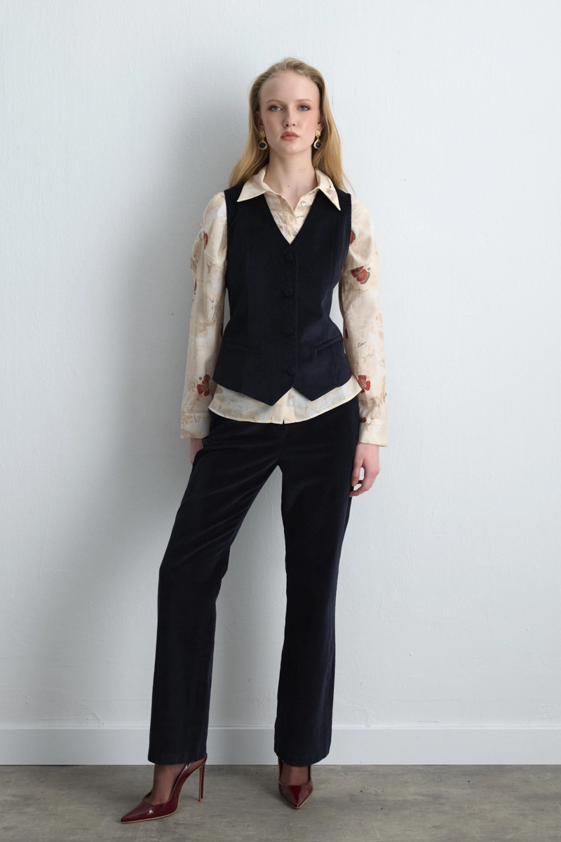 Anka Collection Ribbed Velvet Vest Navy Blue - Gusto