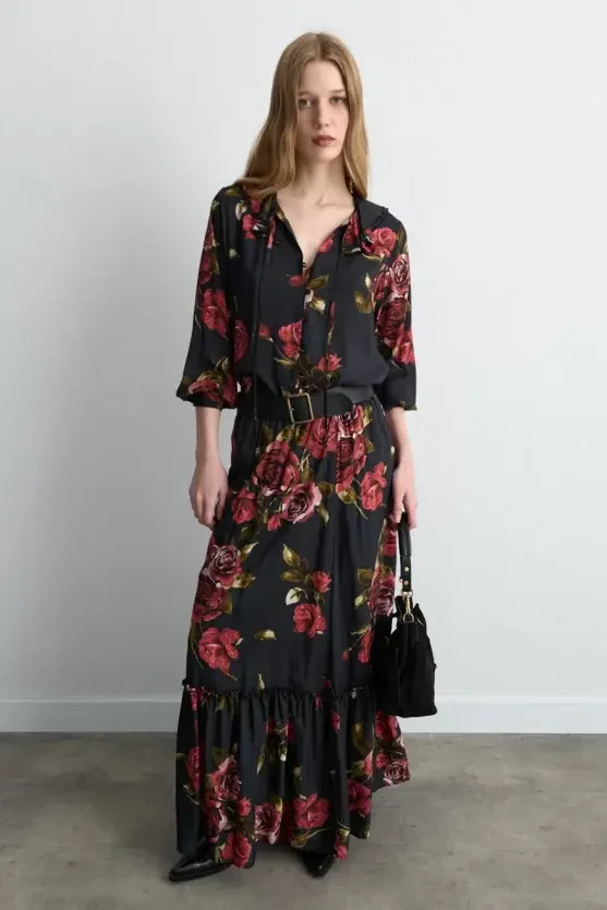 Anka Collection Rose Patterned Long Viscose Skirt - Black - 2