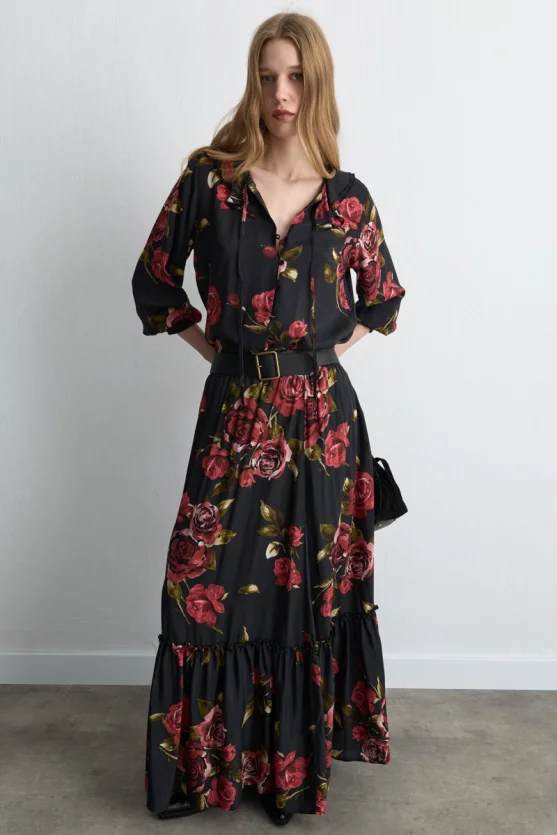 Anka Collection Rose Patterned Long Viscose Skirt Black - 3