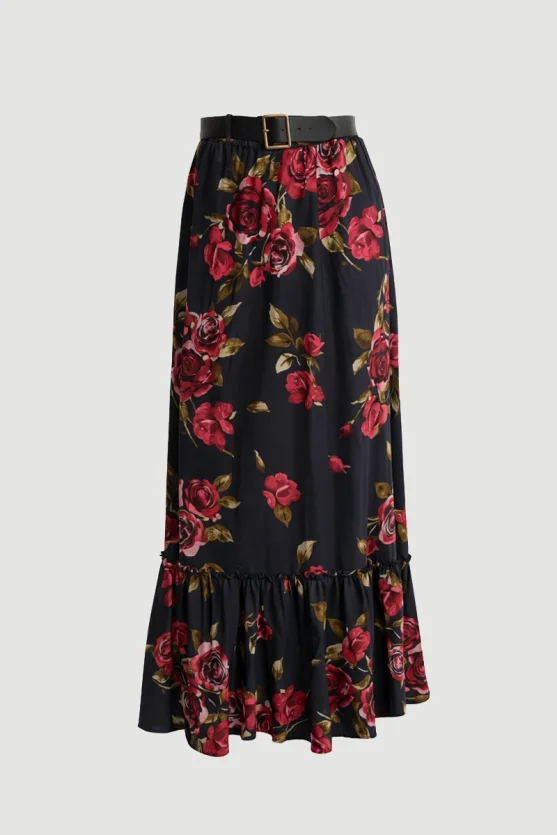 Anka Collection Rose Patterned Long Viscose Skirt Black - 7