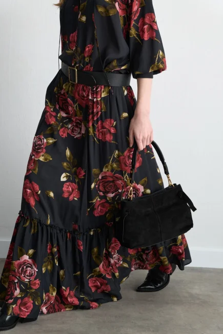 Anka Collection Rose Patterned Long Viscose Skirt Black Black