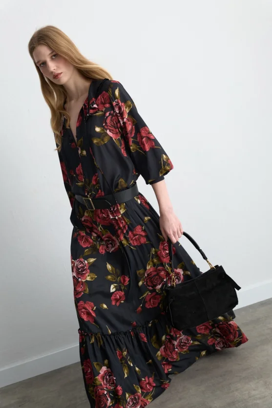 Anka Collection Rose Patterned Long Viscose Skirt Black - 4