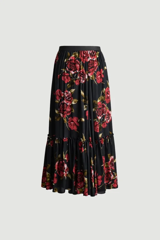 Anka Collection Rose Patterned Long Viscose Skirt Black - 8