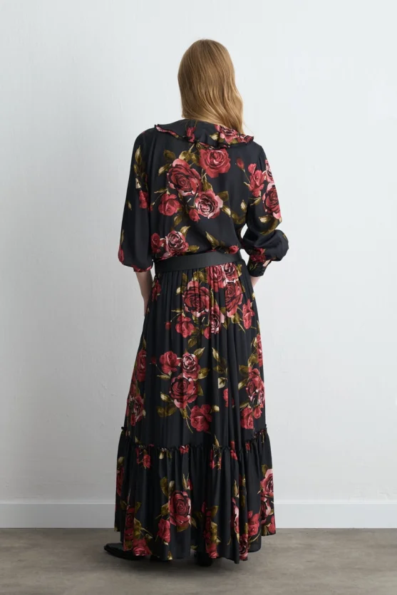 Anka Collection Rose Patterned Viscose Blouse - Black - 6