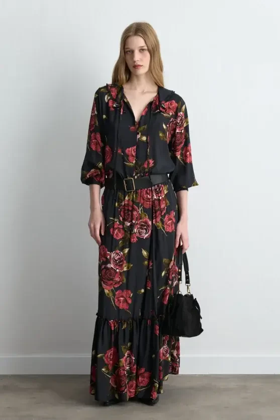 Anka Collection Rose Patterned Viscose Blouse - Black - 3