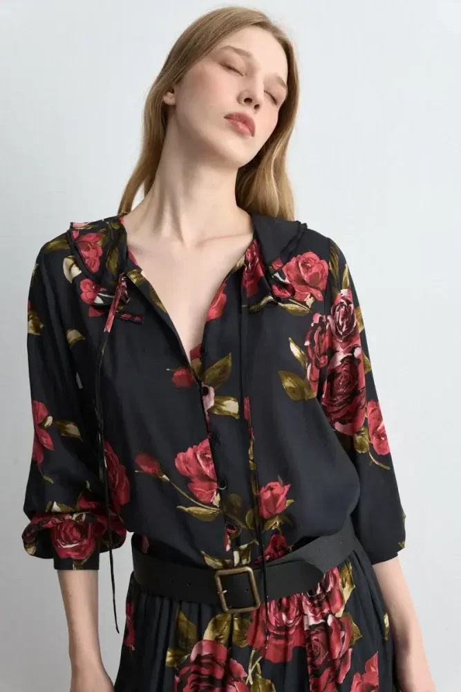 Anka Collection Rose Patterned Viscose Blouse - Black Black