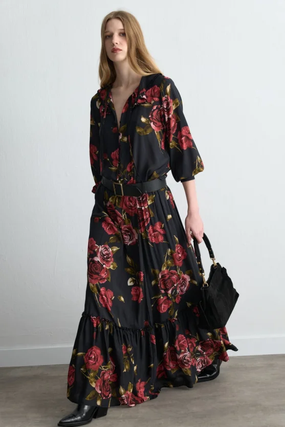 Anka Collection Rose Patterned Viscose Blouse Black - 5