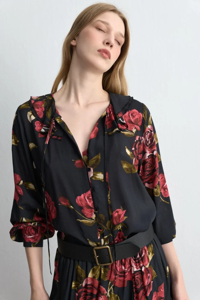 Anka Collection Rose Patterned Viscose Blouse Black Black