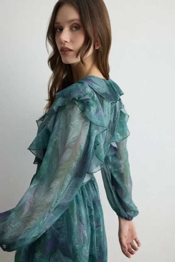 Anka Collection Ruffled Chiffon Dress - Green - 4