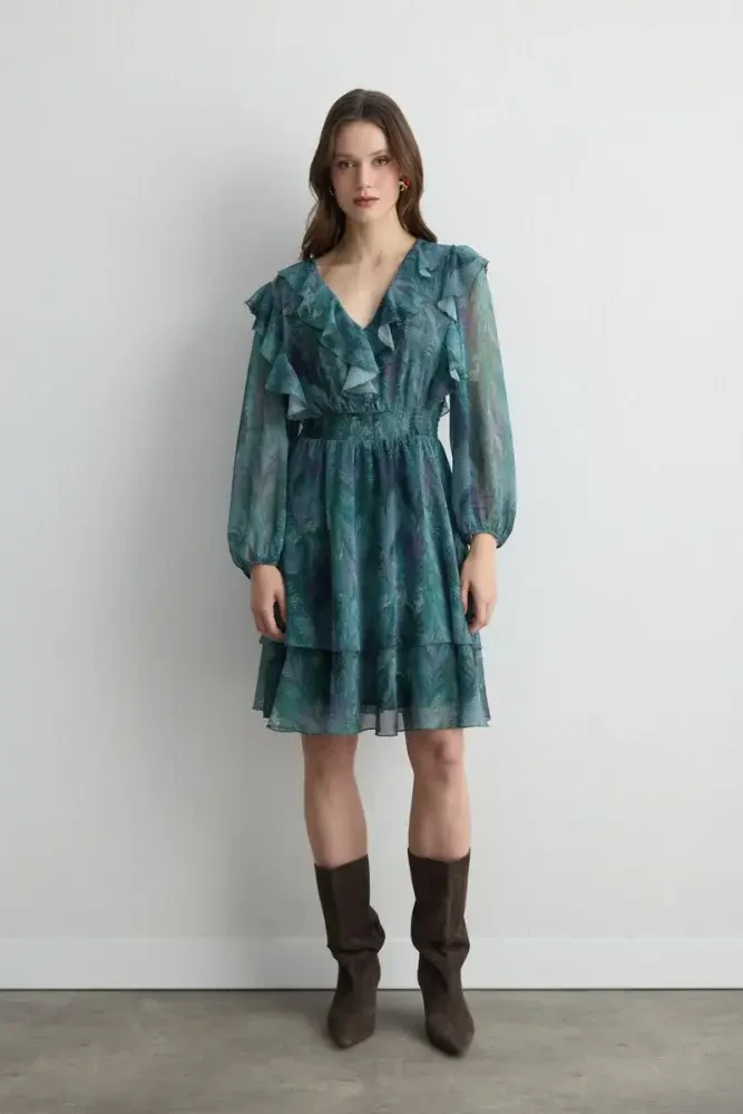 Anka Collection Ruffled Chiffon Dress - Green Green