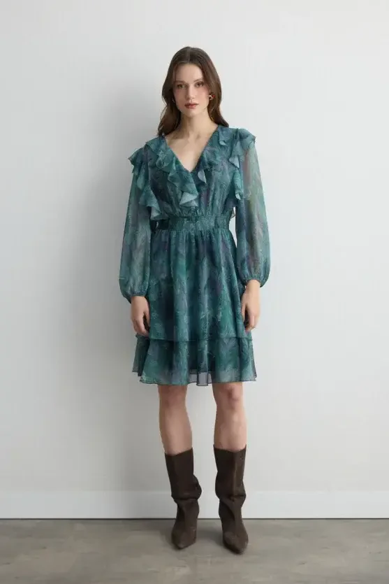 Anka Collection Ruffled Chiffon Dress - Green - Gusto