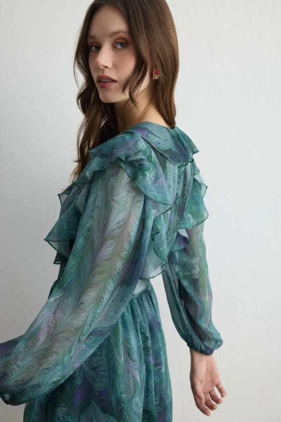 Anka Collection Ruffled Chiffon Dress - Green - 4