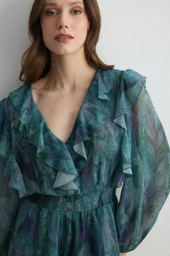 Anka Collection Ruffled Chiffon Dress - Green - 3