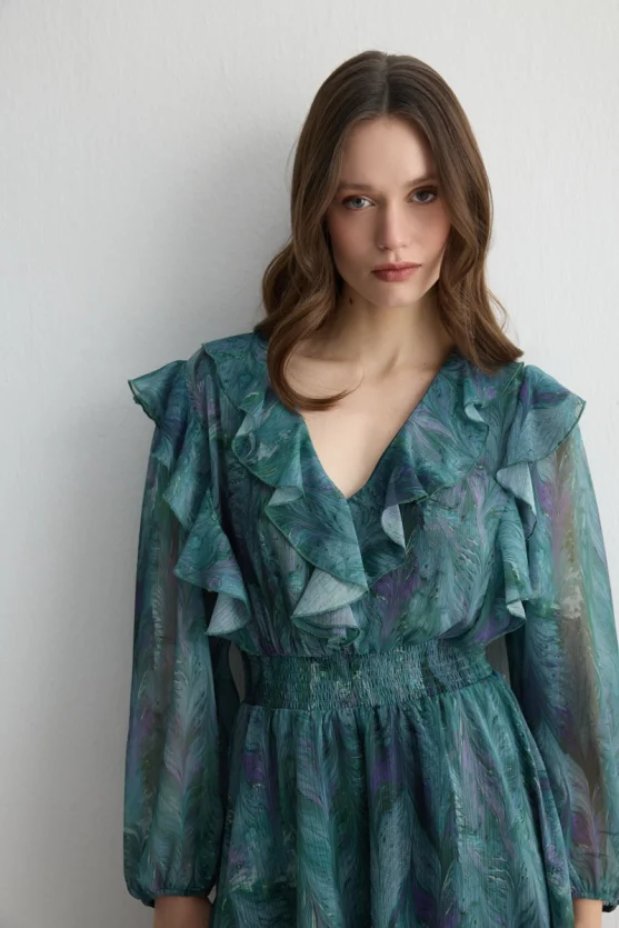 Anka Collection Ruffled Chiffon Dress - Green - 2