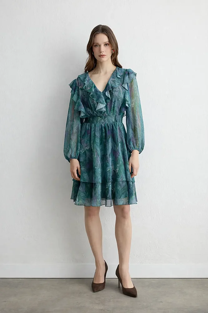 Anka Collection Ruffled Chiffon Dress - Green Green