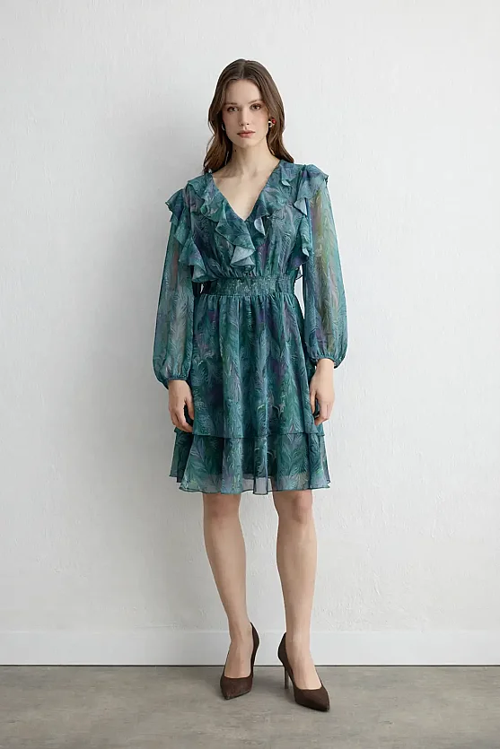 Anka Collection Ruffled Chiffon Dress - Green - 1