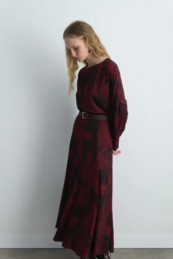 Anka Collection Ruffled Long Viscose Skirt - Burgundy - Gusto