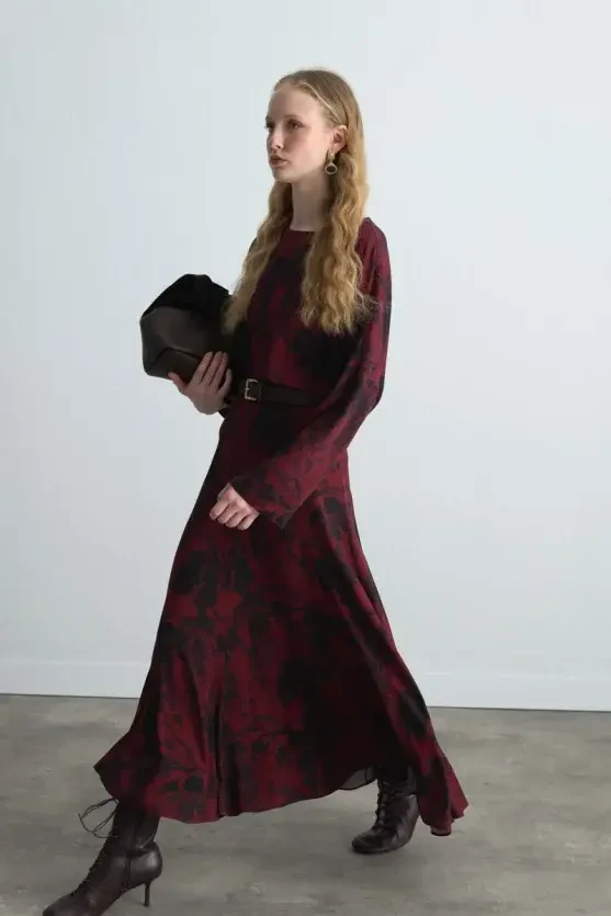 Anka Collection Ruffled Long Viscose Skirt - Burgundy - Gusto