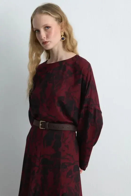 Anka Collection Ruffled Long Viscose Skirt - Burgundy - Gusto