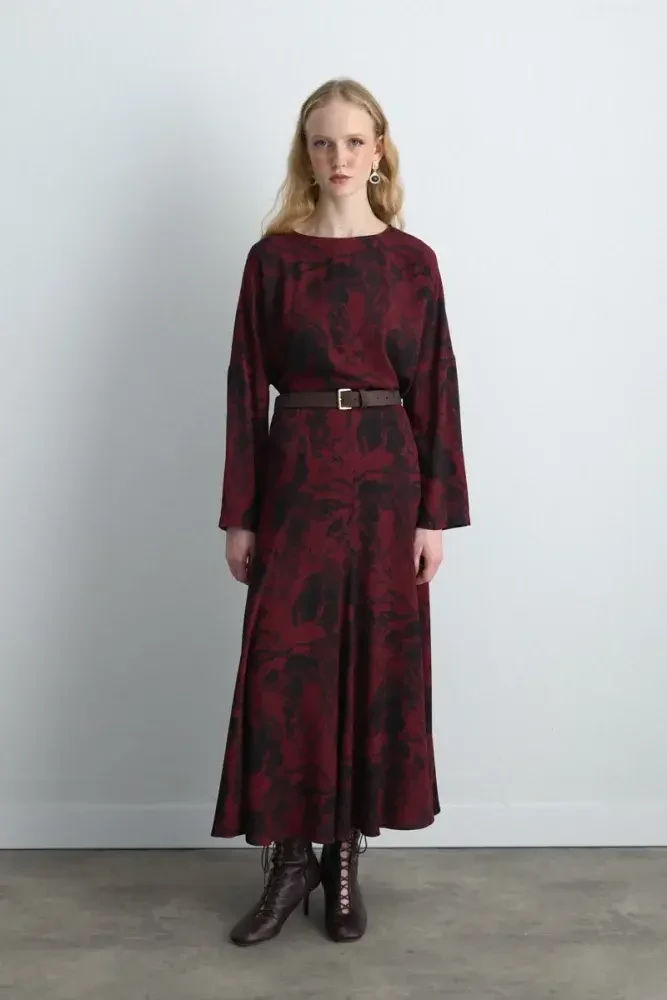 Anka Collection Ruffled Long Viscose Skirt - Burgundy Burgundy