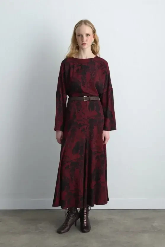 Anka Collection Ruffled Long Viscose Skirt - Burgundy - Gusto