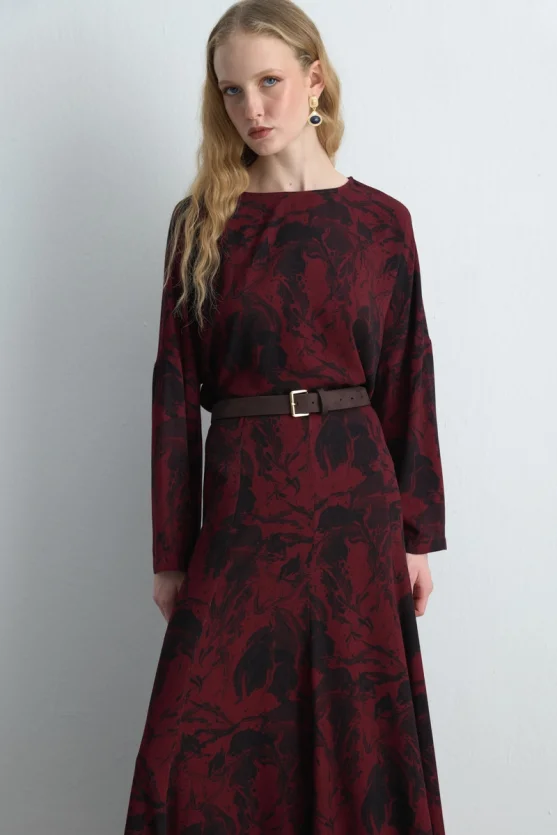 Anka Collection Ruffled Long Viscose Skirt Burgundy - Gusto