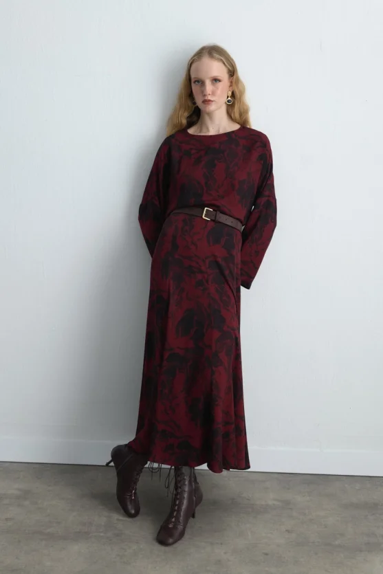 Anka Collection Ruffled Long Viscose Skirt Burgundy - Gusto