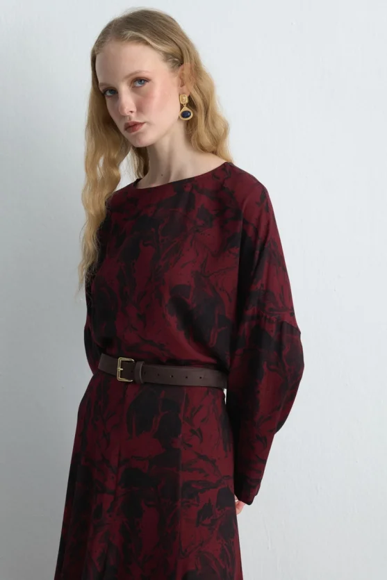 Anka Collection Ruffled Long Viscose Skirt Burgundy - 6