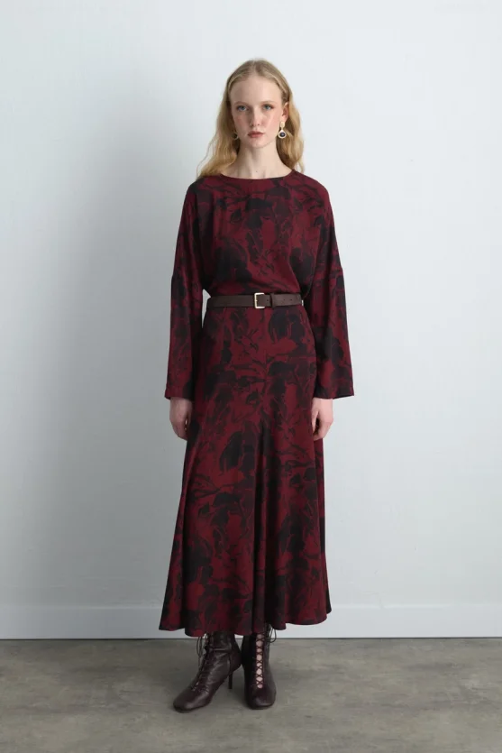 Anka Collection Ruffled Long Viscose Skirt Burgundy - Gusto